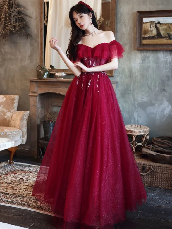 Burgundy Off Shoulder Tulle Sequin Long Prom Dress Burgundy Evening Dress Tunics Chic elegant