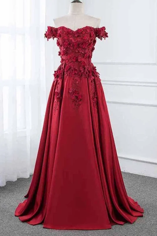 Burgundy Off the Shoulder A Line Satin Prom Dress with Lace Flowers Party Dresses Tunics Denim casual