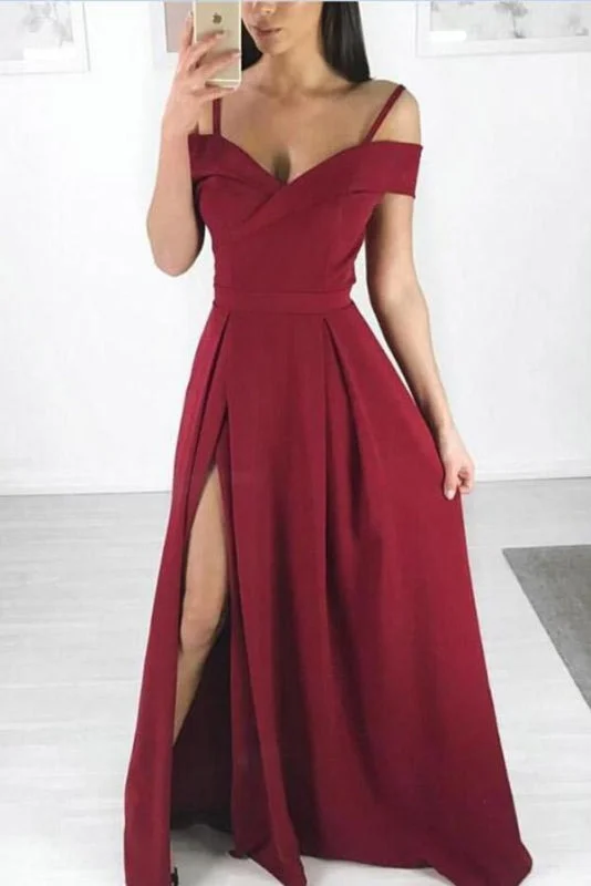 Burgundy Side Slit Simple Cheap Long Party Dresses Off the Shoulder Prom Dress Tunics Floral girly