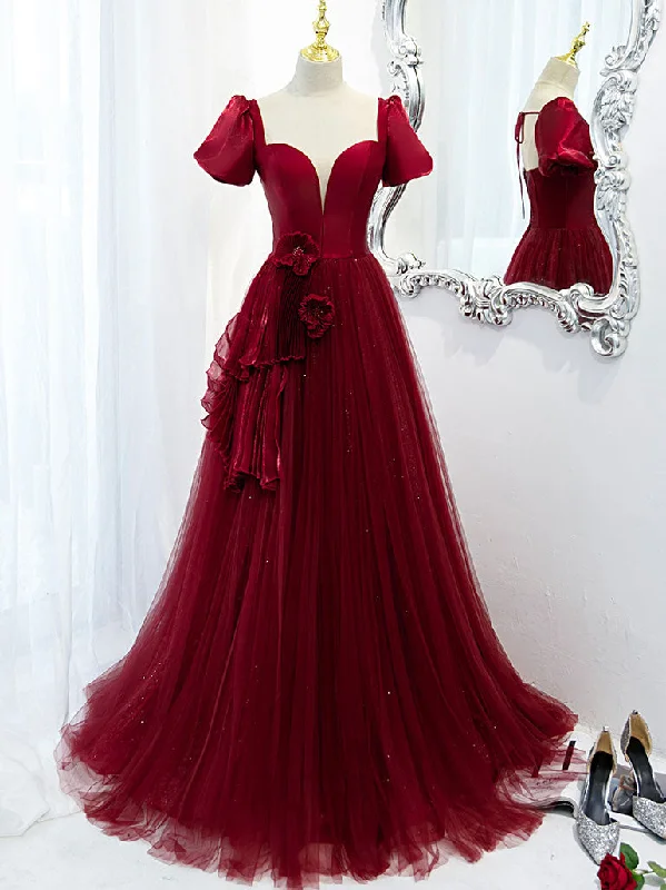 Burgundy Tulle Long Prom Dress, Burgundy Tulle Evening Dress Tunics stripes playful