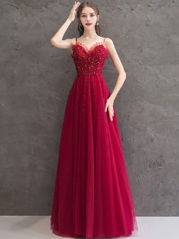 Burgundy Tulle Sequin Long Prom Dress, Burgundy Evening Dress Tunics Versatile functional