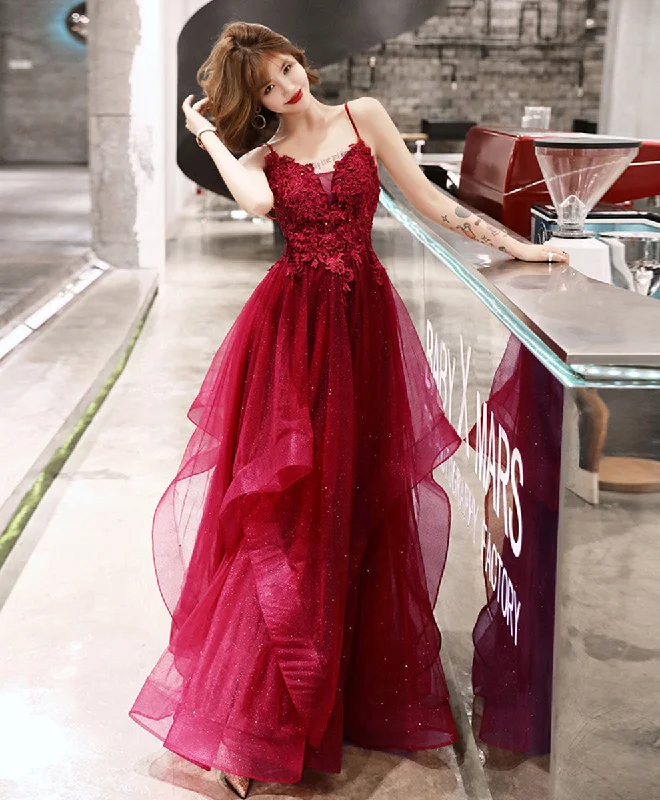 Burgundy V Neck Tulle Lace Long Prom Dress Burgundy Evening Dress Tunics Occasion special