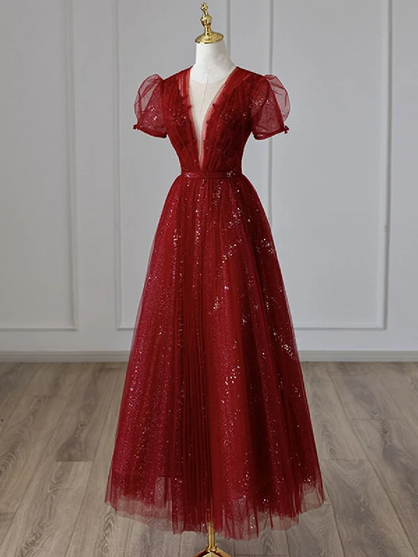 V Neck Tulle Sequin Tea Length Burgundy Prom Dress, Burgundy Evening Dress Sequined Elegant Party