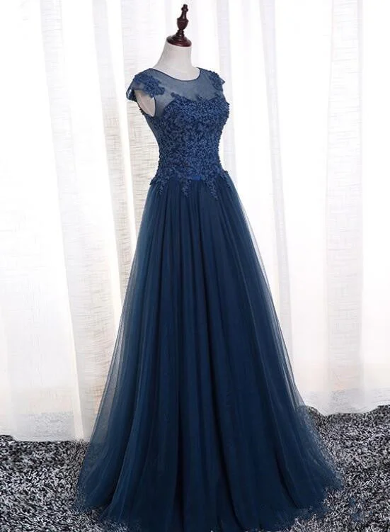 Charming Navy Blue Tulle Round Neckline Party Dress, Blue Evening Gown Crew Neckline Sporty