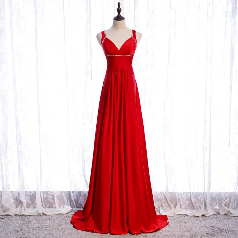 Chic Red Satin Beaded Floor Length Long Party Dress, Red Formal Dress 2021 Prom Dresses Bridesmaid Dress   cg16389 Tunics Running lightweight