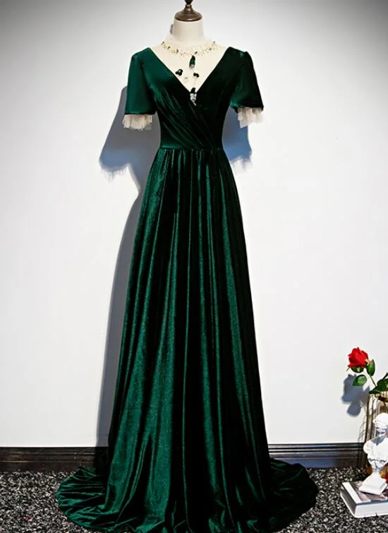 Dark Green Velvet Short Sleeves A-Line Bridesmaid Dress, Long Prom Dress Evening Dress   cg20089 Tunics Versatile functional