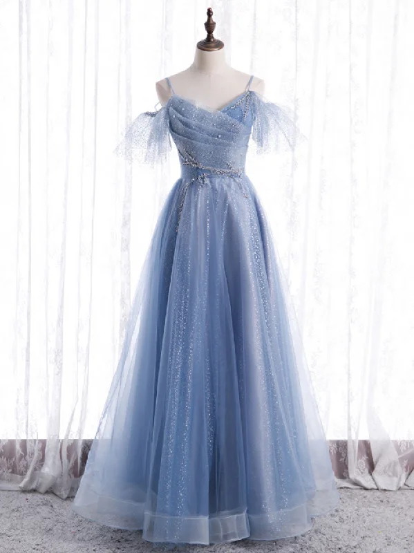 Elegant  A line Tulle Sequin Blue Long Prom Dress, Tulle Blue Formal Evening Dress Satin Halter Glamorous