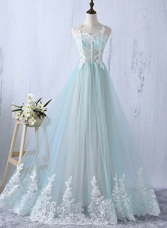 Elegant Mint Tulle A-line Straps Floor-length Appliques Long Simple Prom Dress, Wedding Party Dress Tunics Cozy soft