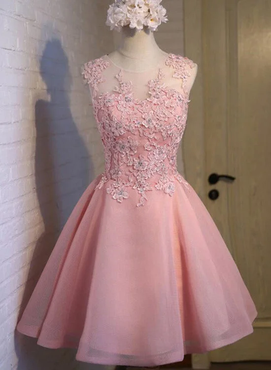 Elegant Pink Tulle Round Neckline Applique Party Dress, Charming Formal Dress Boat Neckline Classic