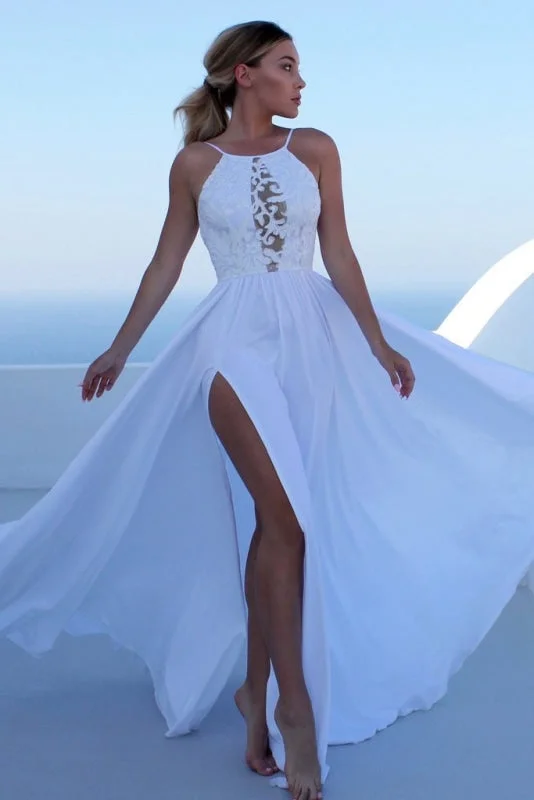 Elegant Sleeveless White Prom Dress for Teens Sexy Split Chiffon Long Evening Dresses Tunics Luxurious high-end