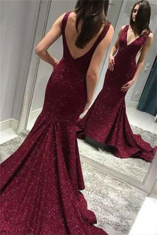 Excellent Attractive Beautiful Shiny Deep V Neck Mermaid Evening Dress Sequins Backless Sweep Train Prom Dresses Tunics Top rated