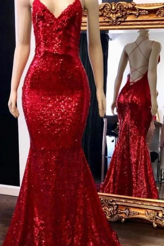 Exquisite Fabulous Fascinating Sparkly Sequins Prom Dress Mermaid with Spaghetti Straps Long Party Dresses Crew Neckline Casual