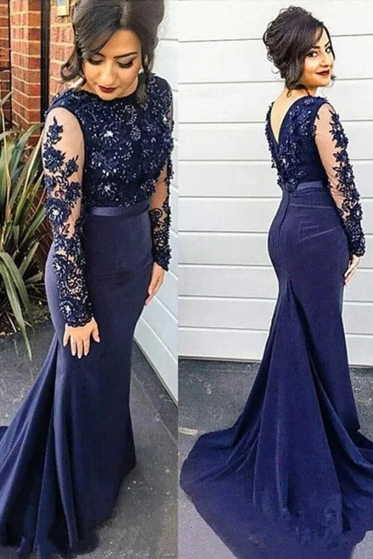 Fascinating Precious Excellent Dark Blue Mermaid Sleeve Lace Appliques Prom Plus Size Long Evening Dress Mermaid Tail Wedding