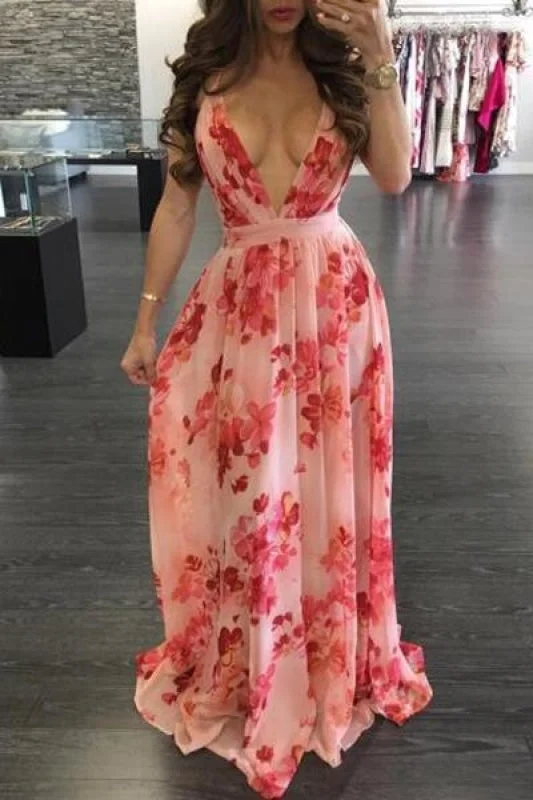 Floral Print Pleated Backless Slip Prom Sexy V Neck Party Dress Shift Classic Vintage