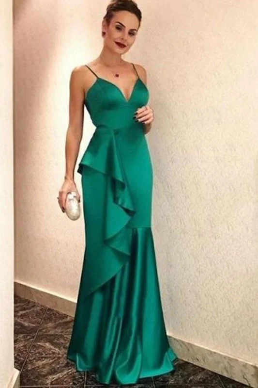 Glorious Fabulous Elegant Spaghetti Strap Hunter Prom Dress with Ruffles Elegant V Neck Evening Dresses Tunics Long Elegant