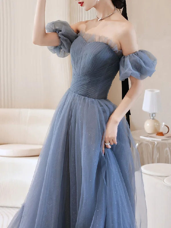 Gray Blue Tulle Long Prom Dress, Gray Blue Evening Dress Off-the-shoulder Chic Trendy