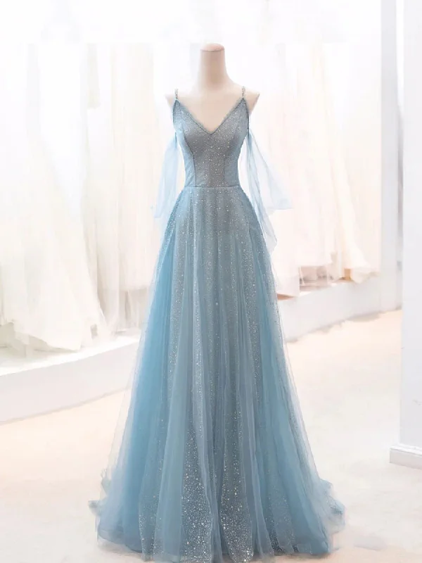 Gray Blue V Neck Tulle Sequin Long Prom Dress, Blue Evening Dress Tunics Summer linen