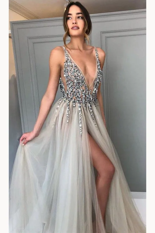 Gray Sequined Deep V Neck Prom with Left Slit A Line Tulle Evening Dress Tunics Designer luxury