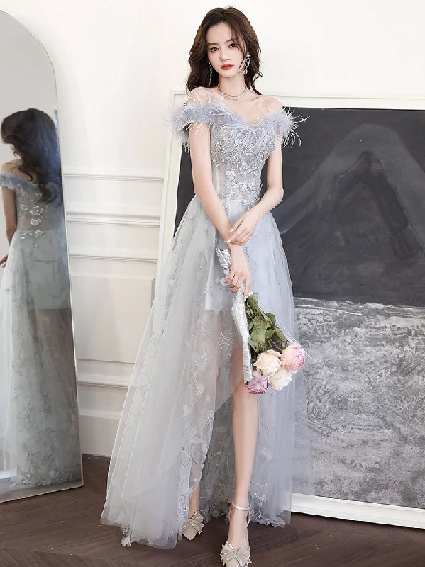 Gray Sweetheart Neck Tulle Long Prom Dress, Gray Evening Dress Tunics Fleece cozy