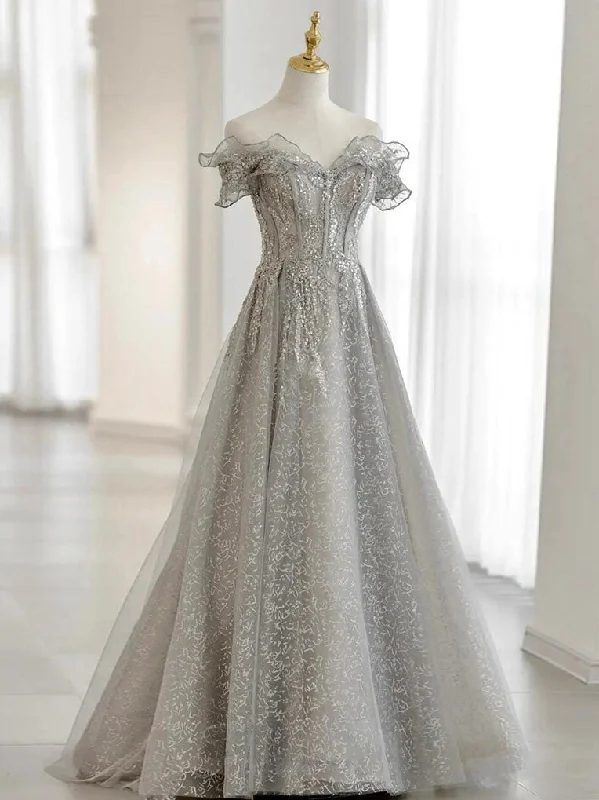 Gray Tulle Sequin Lace Off Shoulder Long Prom Dress, Gray Evening Dress Tunics Chic fashionable