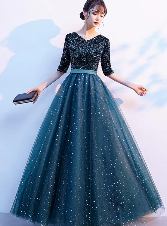 Green Sequins And Tulle Short Sleeves Long Bridesmaid Dress, Green A-Line Wedding Party Dress A line prom dress    cg20332 Tunics Sophisticated sleek