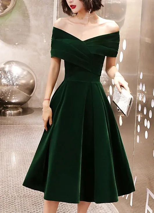 Green Tea Length Velvet Off Shoulder Party Dress, Green Bridesmaid Dress prom dress evening dress   cg13073 Tunics Denim casual