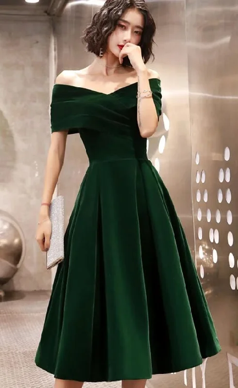 Green Velvet Off Shoulder Vintage Style Bridesmaid Dress, Tea Length Party Dress Prom Dress   cg18383 Lace Sexy Club