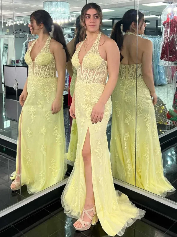 Halter V Neck Open Back Mermaid Yellow Lace Long Prom Dresses with High Slit,  Mermaid Yellow Lace Formal Evening Dresses Tunics Running lightweight