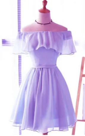 Lavender Chiffon Off Shoulder Short Bridesmaid Dresses, Cute Homecoming Dress, Lovely Party Dresses cg968 Satin Halter Glamorous