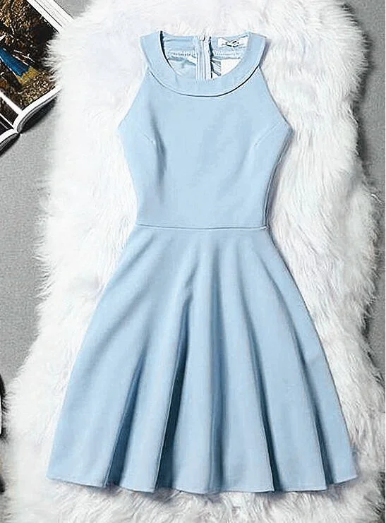 Light Blue Halter Short Wedding Party Dress, Cute Blue Prom Dress Square Neckline Feminine