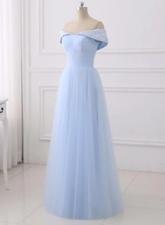 Light Blue Simple Bridesmaid Dresses, Off Shoulder Party Dress, Simple Tulle Junior Prom Dress, cg4012 Tunics Chic elegant