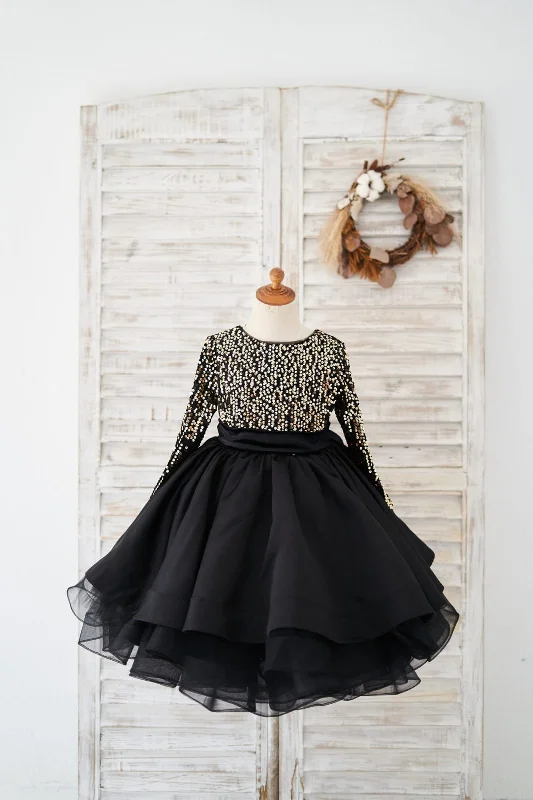 Long Sleeves Gold Sequin Black Satin V Back Wedding Flower Girl Dress Kids Party Dress Tunics Polka dots