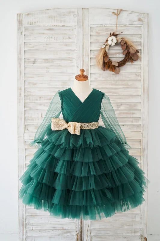 Sheer Long Sleeves Green Tulle Cupcake Wedding Flower Girl Dress Kids Party Dress Tunics Seasonal trendy