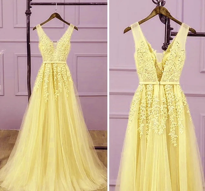 Long V-Neckline Lace Applique And Tulle Bridesmaid Dress, Yellow Prom Dress Party Dress   cg10386 sweetheart Neckline Romantic