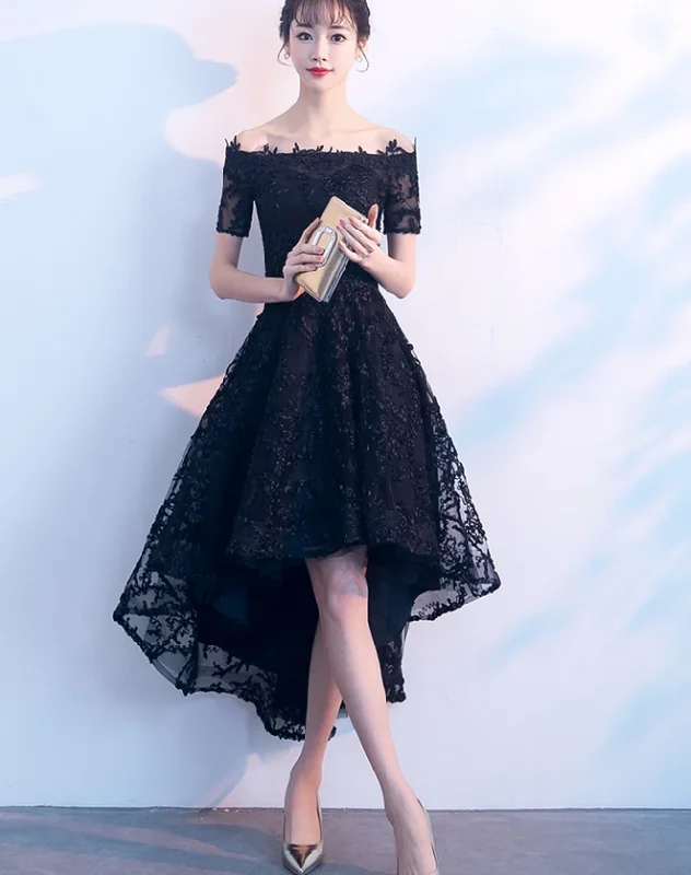 Lovely Black Lace Off Shoulder Bridesmaid Dress, Lace Off Shoulder Black Party Dress prom dress evening dress   cg13079 Off-the-shoulder Bohemian Festive