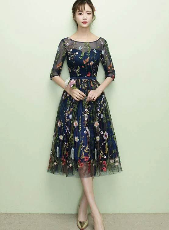 Lovely Navy Blue Lace Floral Knee Length Bridesmaid Dress, Blue Short Party Dress Homecoming Dress   cg11686 Halter Neckline Beach