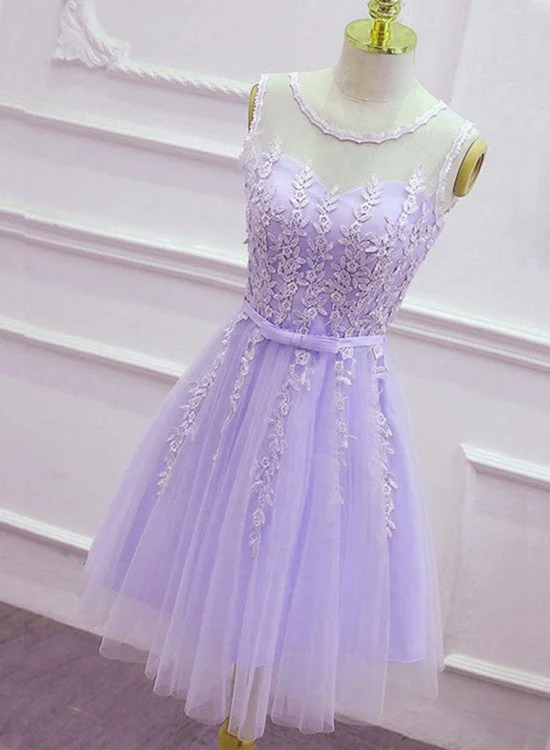 Lovely Tulle Round Neckline Applique Purple Party Dress, Lavender Homecoming Dress 2019 Tunics Seasonal trendy