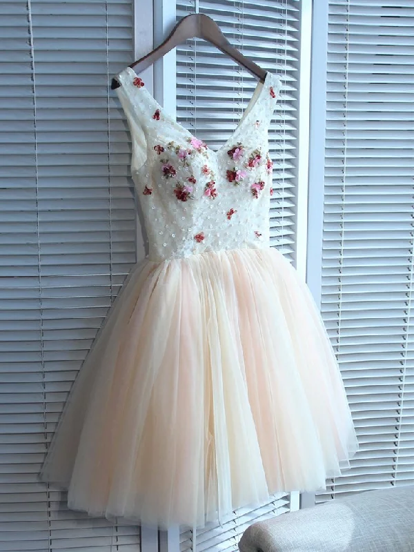 Lovely Tulle V-neckline Tulle Homecoming Dresses, Tulle Pink Cute Party Dress Peplum Ruffle Cocktail