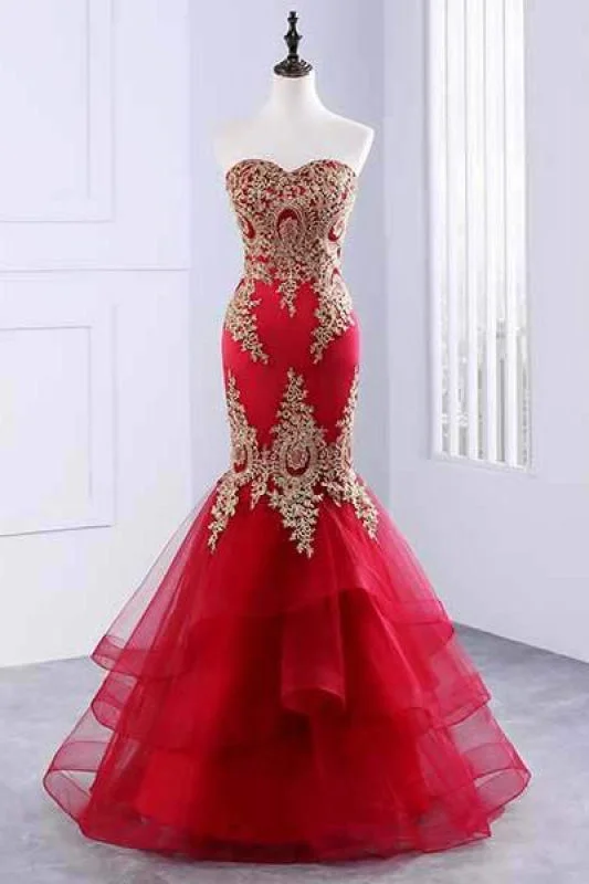 Marvelous Elegant Marvelous Floor Length Sweetheart Mermaid Red Prom Gold Appliqued Long Evening Dress Tunics Practical durable