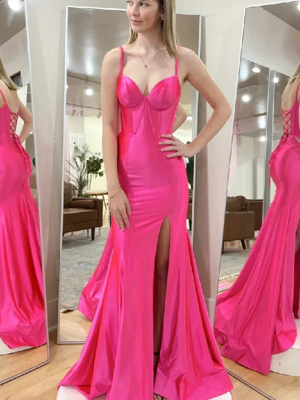 Mermaid Hot Pink Satin Long Prom Dresses with High Slit, Hot Pink Mermaid Formal Graduation Evening Dresses Tunics Corduroy durable