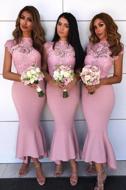 Mermaid Jewel Lace Cap Sleeves Hi-Low Asymmetry Pink Bridesmaid Dresses prom dress evening dress      cg23735 Tunics Print Colorful