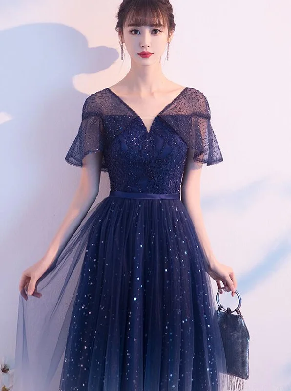 Navy Blue Gradient V-Neckline Shiny Tulle A-Line Prom Dress Party Dress, Blue Tulle Short Bridesmaid Dress       cg22963 Tunics Polka dots