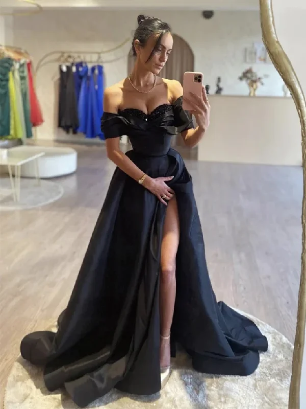 Off Shoulder Black Satin Long Prom Dresses with High Slit, Off Shoulder Black Satin Long Formal Evening Dresses with Sequins Top Tunics Hiking breathable