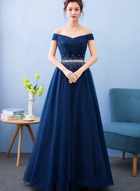 Off Shoulder Blue Beaded Long Party Dress, Sweetheart Floor Length Prom Dress A-Line Day Work