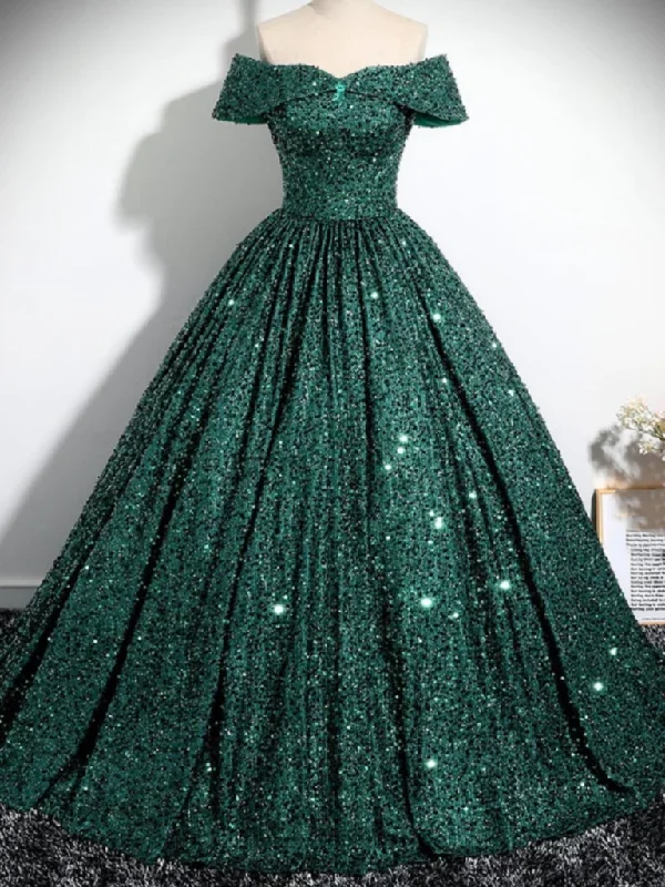 Off Shoulder Green Sequins Long Prom Dresses, Off the Shoulder Formal Evening Dresses, Sequins Green Ball Gowns Tunics Cozy comfortable