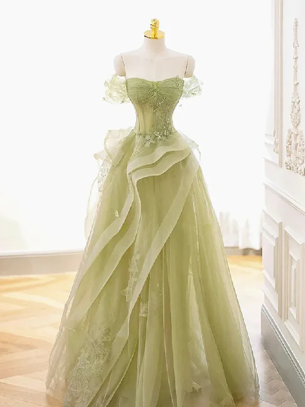 Off  Shoulder Green Tulle Beaded Long  Prom Dresses, Off the Shoulder Green Tulle Long  Formal Evening Dresses Tunics Review highly