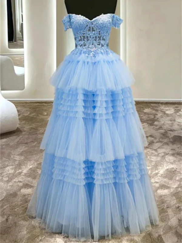 Off Shoulder Light Blue Lace Long Prom Dresses, Light Blue Lace Formal Evening Dresses Tunics Stylish modern