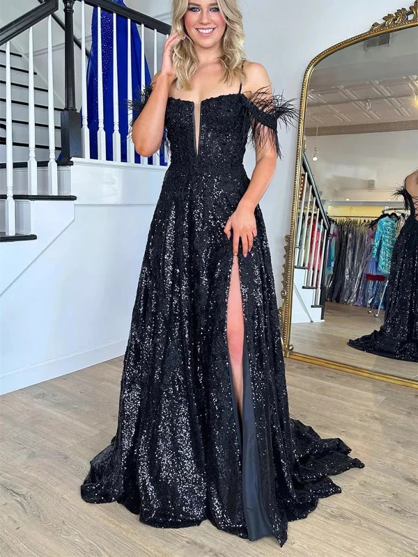 Off Shoulder Sequins Black Lace Long Prom Dresses,  Spaghetti Strap Black Backless Formal Evening Dresses Tunics Favorite customer