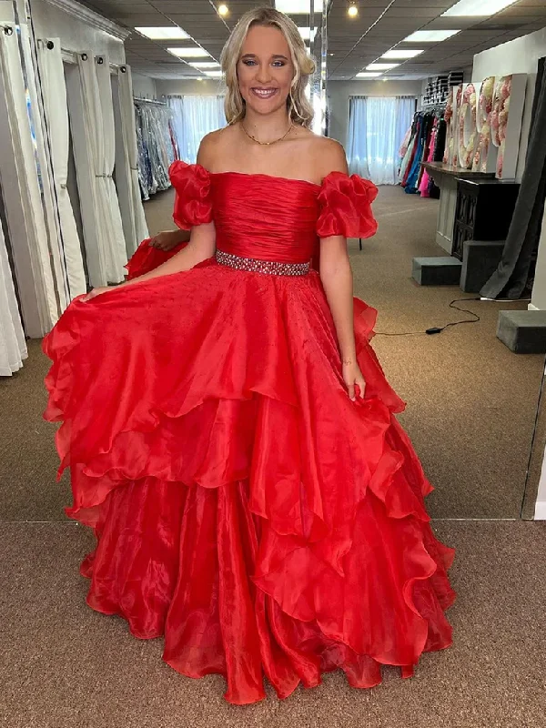 Off the Shoulder Red Long Tulle Prom Dresses, Off Shoulder Red Tulle Long Formal Evening Dresses High-Low Hemline Casual