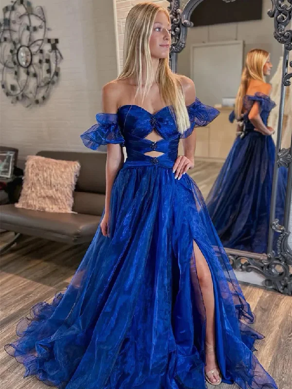 Off the Shoulder Royal Blue Long Organza Prom Dresses,  Off Shoulder  Royal Blue Long Organza  Formal Evening Dresses Tunics Luxurious premium